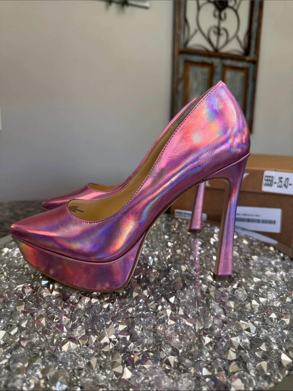 Jessica Simpson Holographic Pink metallic Platform Stiletto Pumps NEW 7
